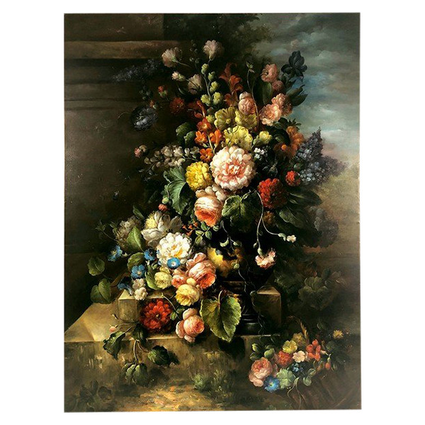 Large process on canvas enhanced by hand, bouquet of flowers on entablature