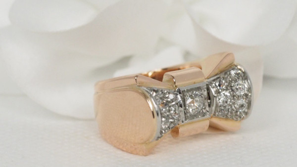 Tank Ring In Oro Rosa E Platino Con Diamanti