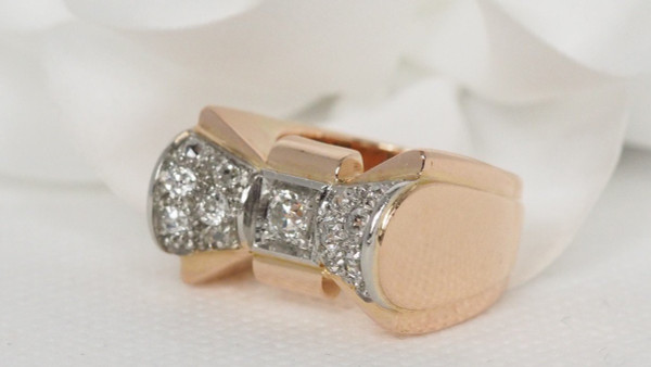 Tank Ring In Oro Rosa E Platino Con Diamanti
