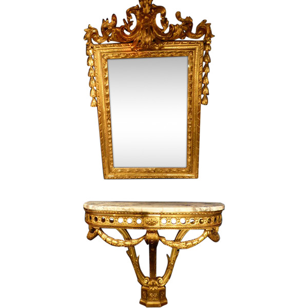 Mirror And Golden Wood Console