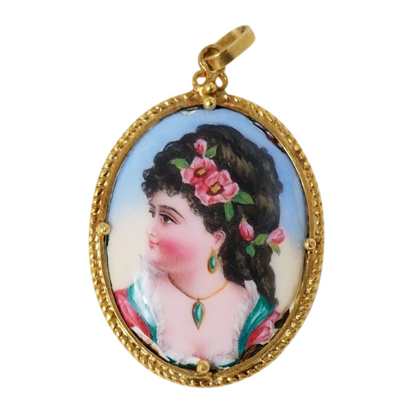 Pendentif En Or Jaune Et Porcelaine