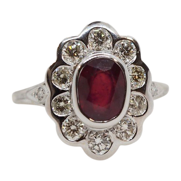 Bague Entourage En Or Blanc, Rubis Et Diamants