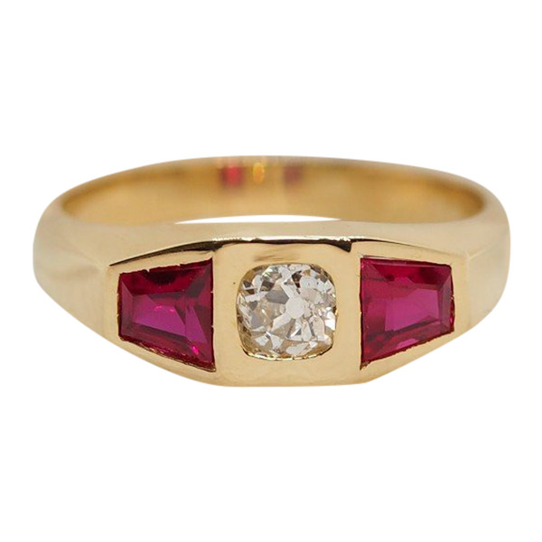 Bague En Or Jaune, Diamant Et Rubis