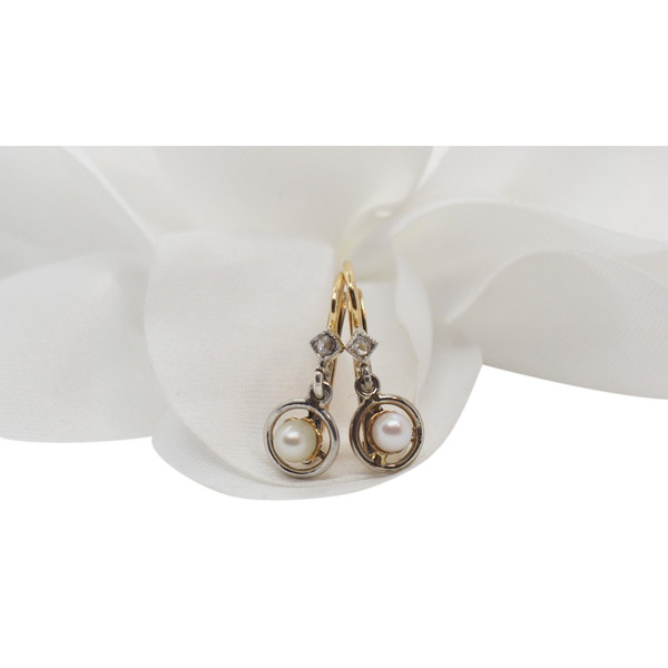 Boucles d'Oreilles Anciennes En Or Bicolore, Perles Fines Et Diamants Taille Roses