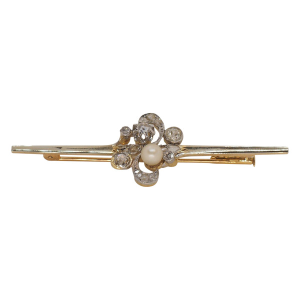 Broche Ancienne En Or Jaune et platine , Perle Fine Et Diamants