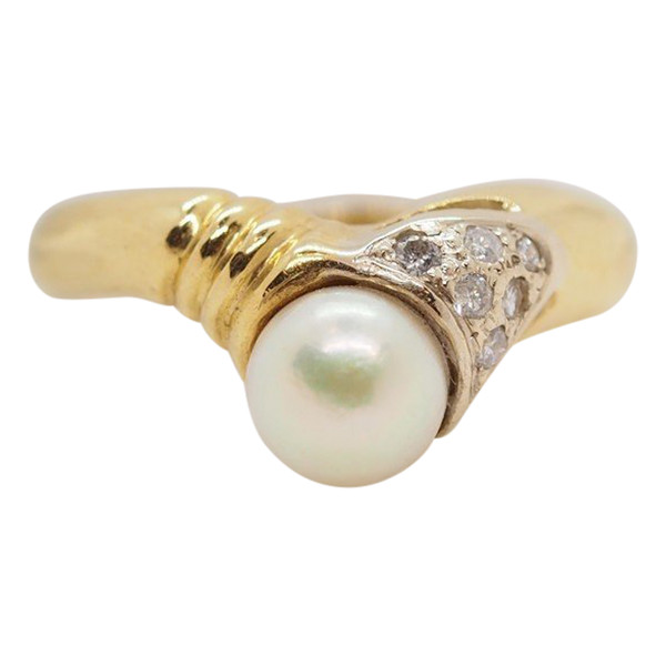 Anello In Oro Giallo, Perla Coltivata E Diamanti