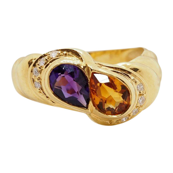 Bague En Or Jaune Sertie d'Une Améthyste Et d'Une Citrine