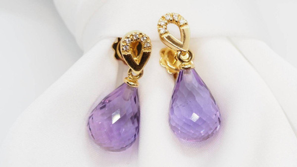 Boucles d'Oreilles En Or Jaune, Améthystes Briolettes Et Diamants