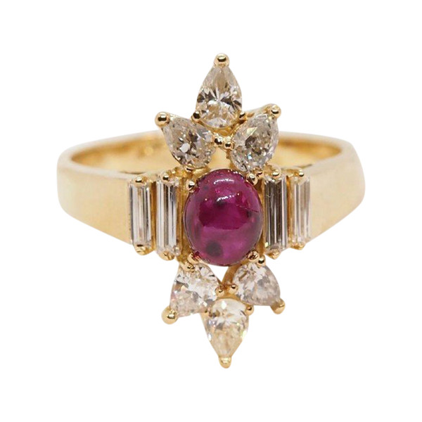 Bague Fleur En Or Jaune, Cabochon De Rubis Et Diamants