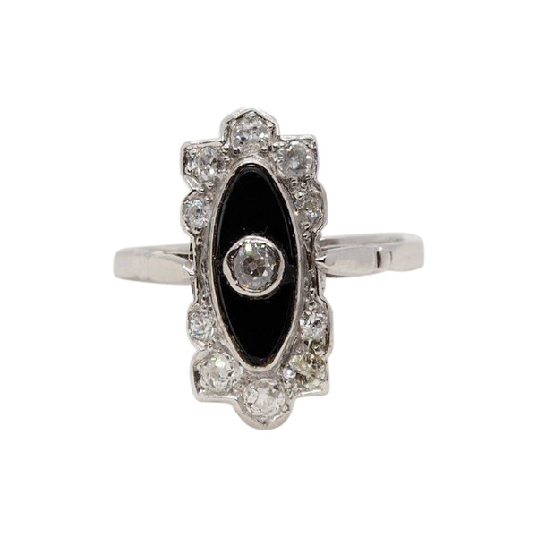 Anello Art Déco In Platino, Onice E Diamanti