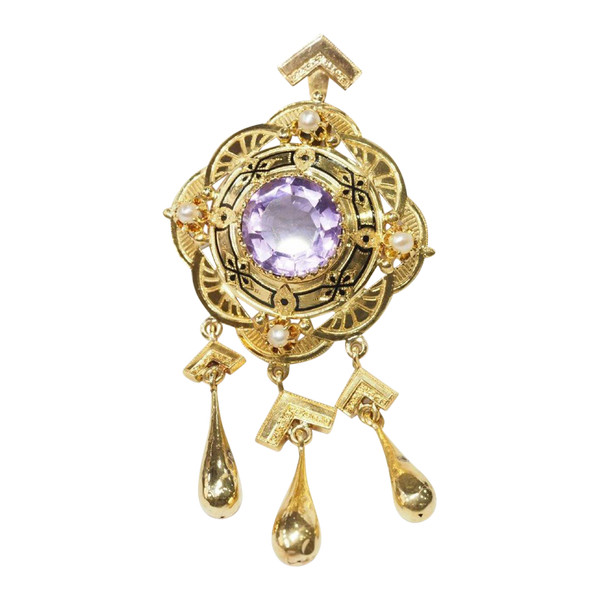 Napoleon III Pendant Brooch In Yellow Gold, Amethyst And Fine Pearls