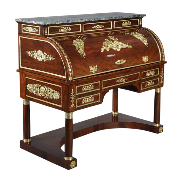 Cylinder desk, mahogany and bronzes with winged victory motifs, Empire style, 19th century