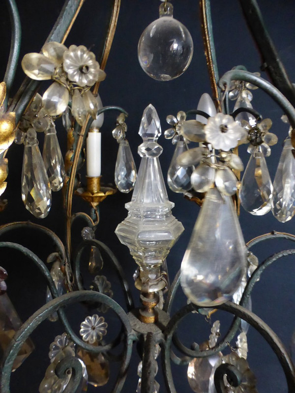 Lampadario a gabbia in ferro battuto e dorato