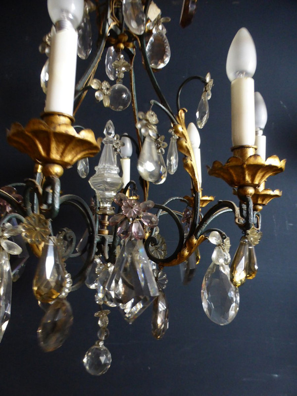 Lampadario a gabbia in ferro battuto e dorato