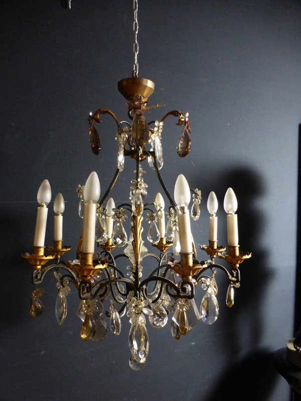 Lampadario a gabbia in ferro battuto e dorato