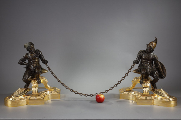 Pair of bronze andirons, "Alexander the Great and Doge", 19th century