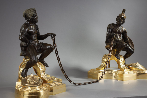 Pair of bronze andirons, "Alexander the Great and Doge", 19th century