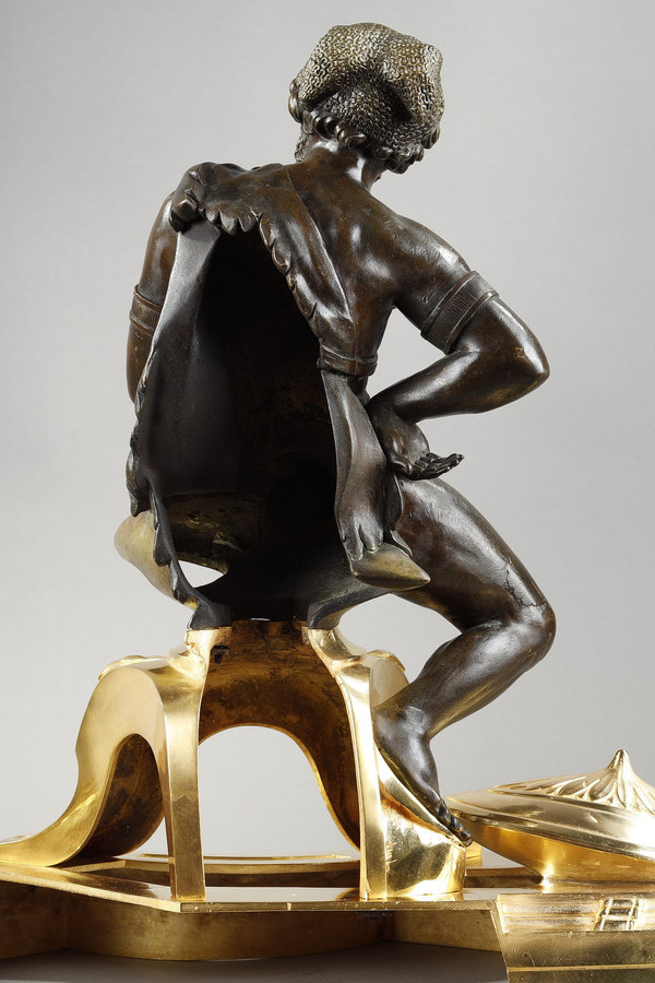 Pair of bronze andirons, "Alexander the Great and Doge", 19th century