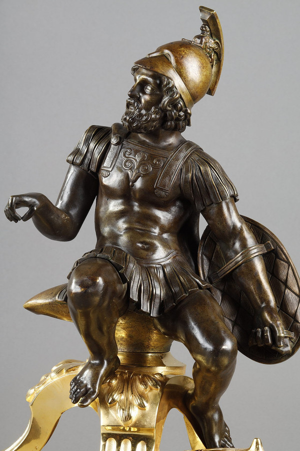Pair of bronze andirons, "Alexander the Great and Doge", 19th century