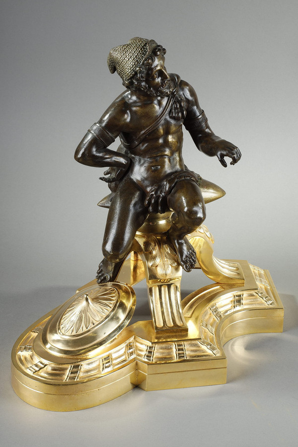 Pair of bronze andirons, "Alexander the Great and Doge", 19th century