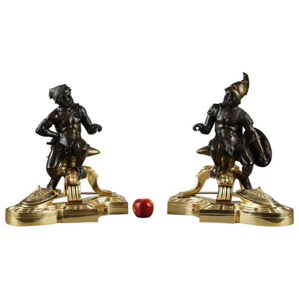 Pair of bronze andirons, "Alexander the Great and Doge", 19th century