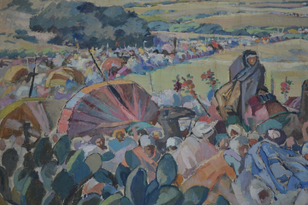 Large Painted Canvas "the Departure Of The Wedding In Cana" By Rieunier Rouzzaud