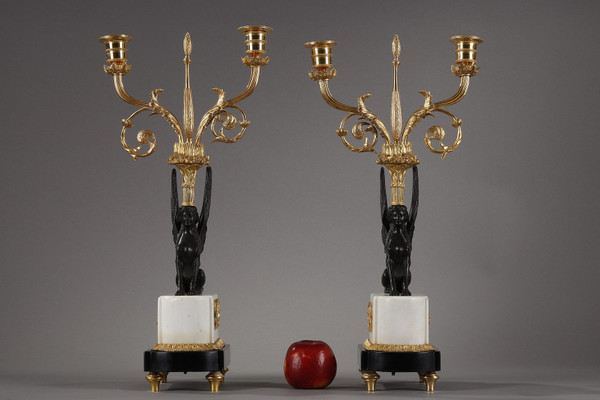 Pair of bronze and marble candelabras called "Aux Sphinges", Directoire period