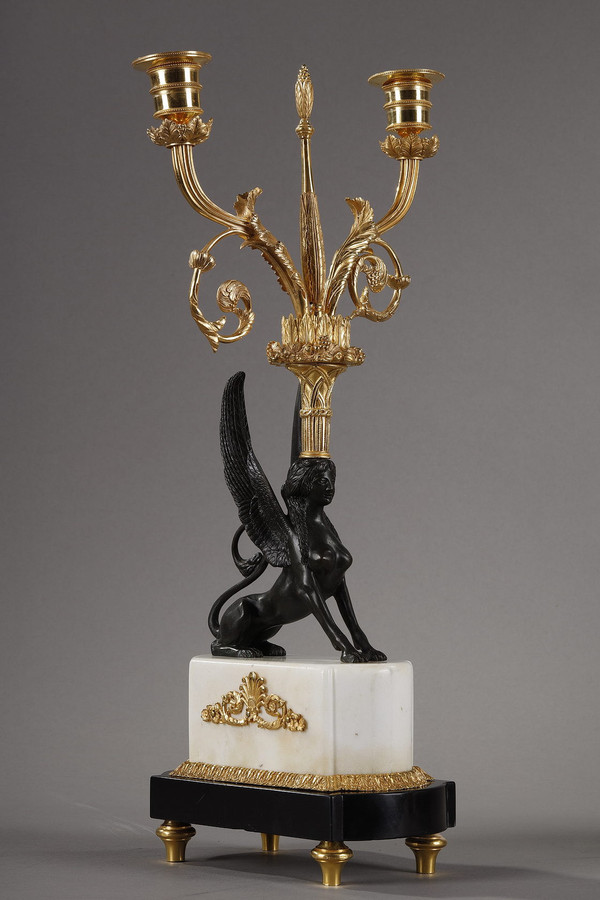 Pair of bronze and marble candelabras called "Aux Sphinges", Directoire period