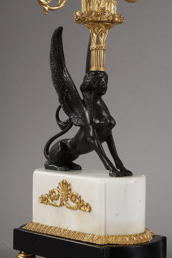 Pair of bronze and marble candelabras called "Aux Sphinges", Directoire period