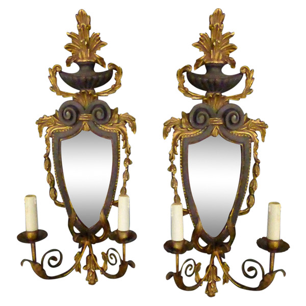 Paire d'Appliques bois doré et bois peint au miroir