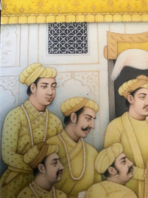 Kaiser Akbar der Große (1542-1605) empfängt auf einer Terrasse, umgeben von seinem Hofstaat, eine Delegation von Würdenträgern