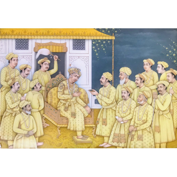 Kaiser Akbar der Große (1542-1605) empfängt auf einer Terrasse, umgeben von seinem Hofstaat, eine Delegation von Würdenträgern