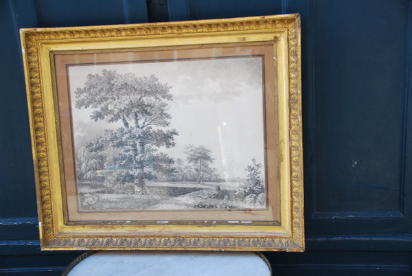 Grande Disegno Paesaggio E Alberi Firmato Wartel, XIX Secolo Periodo Impero