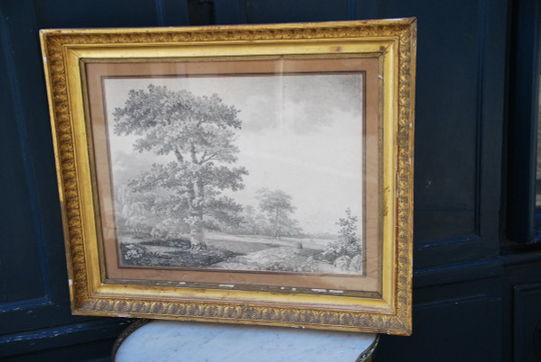 Grande Disegno Paesaggio E Alberi Firmato Wartel, XIX Secolo Periodo Impero