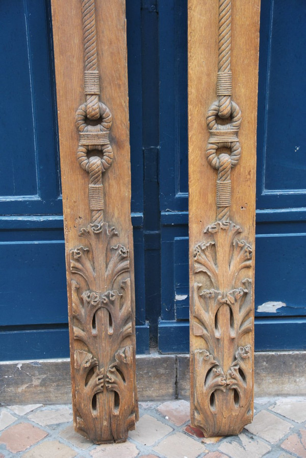 Pair Of Large Wooden Elements With Rope Decor, 18th Century Work