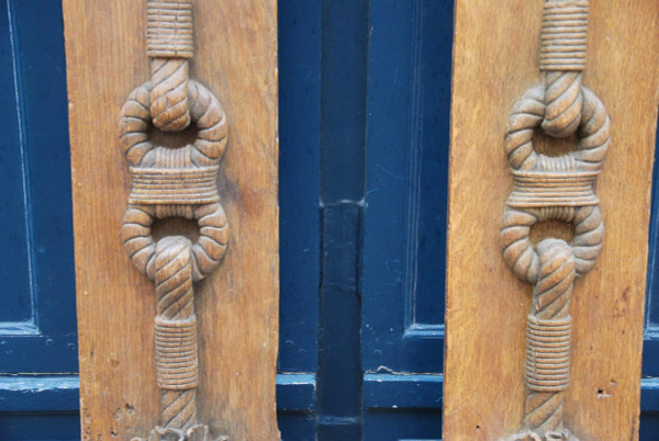 Pair Of Large Wooden Elements With Rope Decor, 18th Century Work