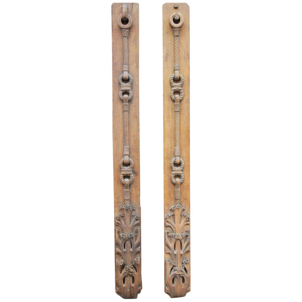 Pair Of Large Wooden Elements With Rope Decor, 18th Century Work