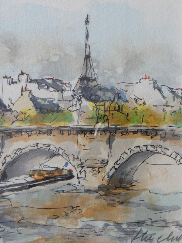 Urbain Huchet, Two Lithographs Views of Paris 1970s.