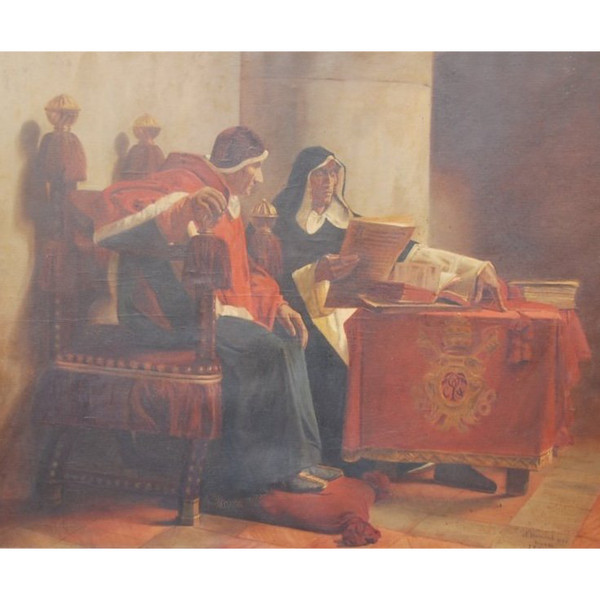 Importante Huile Le Pape Et l'Inquisiteur XIXe, d'Après Laurens