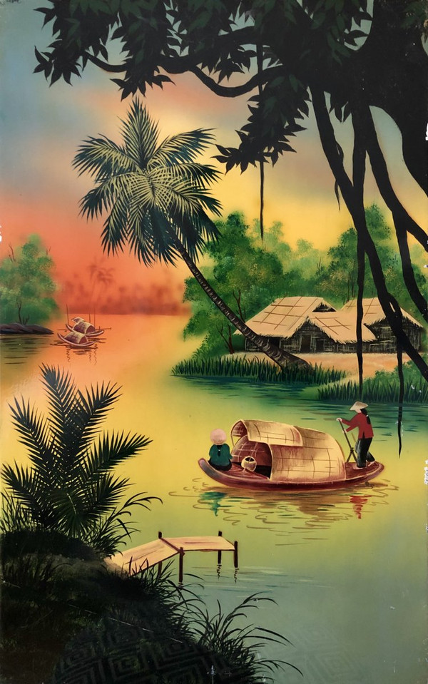 Vietnam 1950s/1960s, Hanoi School, Large Lacquer Panel Animated Lakescape.