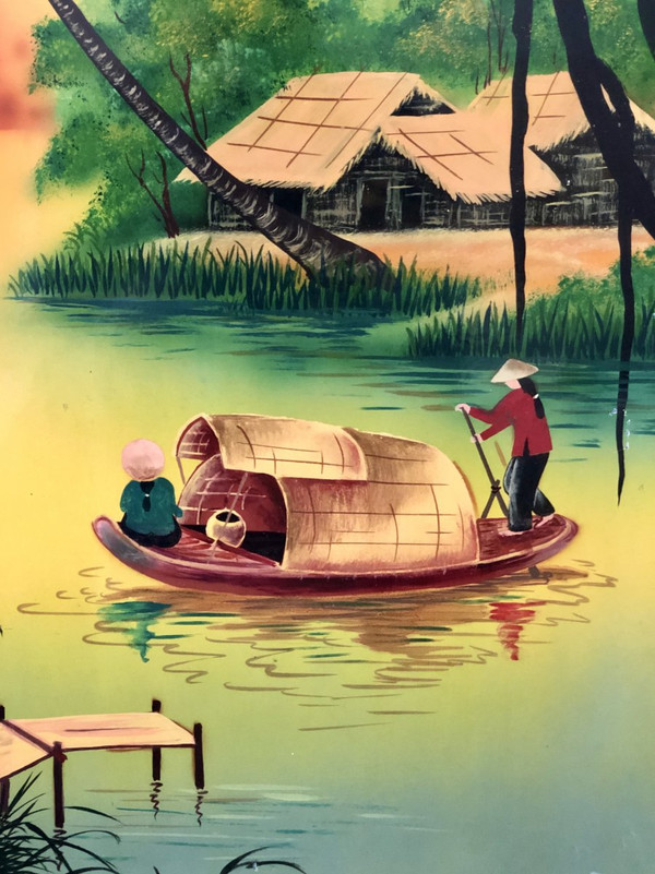 Vietnam 1950s/1960s, Hanoi School, Large Lacquer Panel Animated Lakescape.