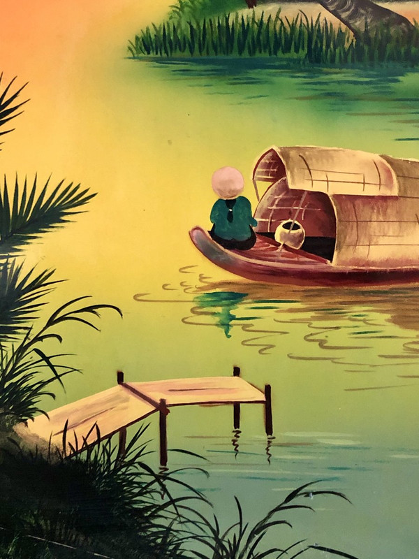 Vietnam 1950s/1960s, Hanoi School, Large Lacquer Panel Animated Lakescape.