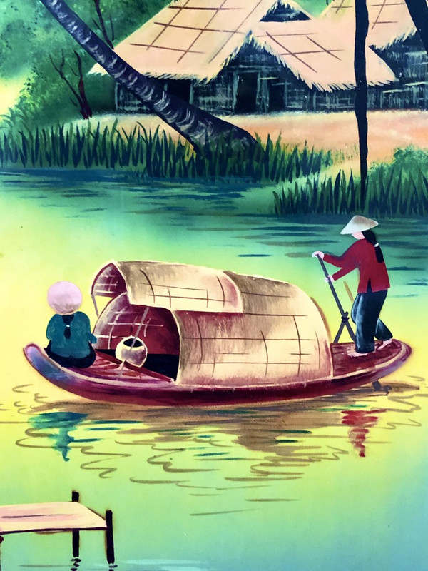 Vietnam 1950s/1960s, Hanoi School, Large Lacquer Panel Animated Lakescape.