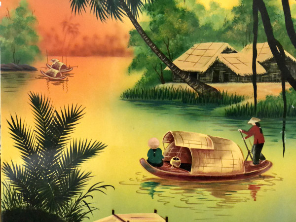 Vietnam 1950s/1960s, Hanoi School, Large Lacquer Panel Animated Lakescape.