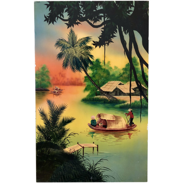 Vietnam 1950s/1960s, Hanoi School, Large Lacquer Panel Animated Lakescape.
