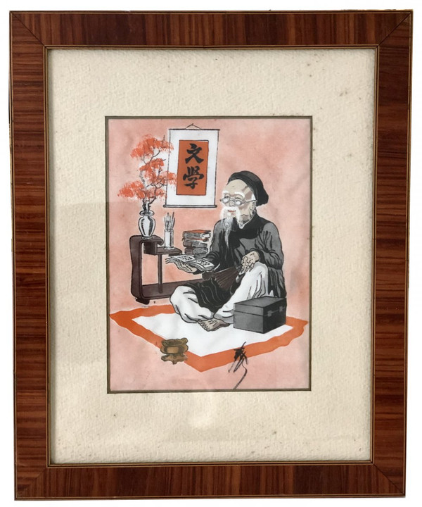 Vietnam, First Half 20th Century, Pair of Silk Paintings Depicting a Scholar.