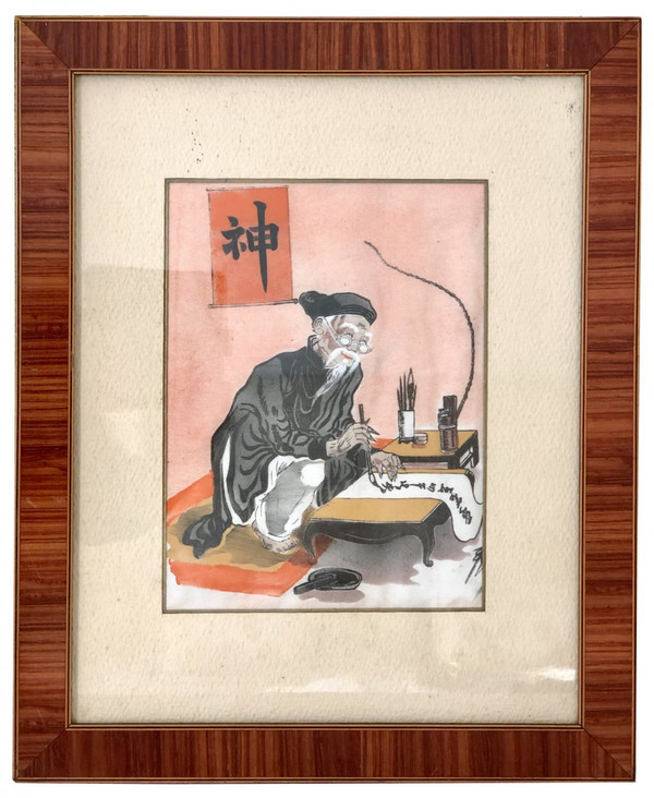 Vietnam, First Half 20th Century, Pair of Silk Paintings Depicting a Scholar.