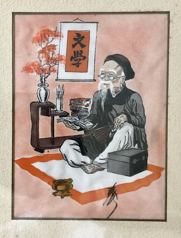 Vietnam, First Half 20th Century, Pair of Silk Paintings Depicting a Scholar.