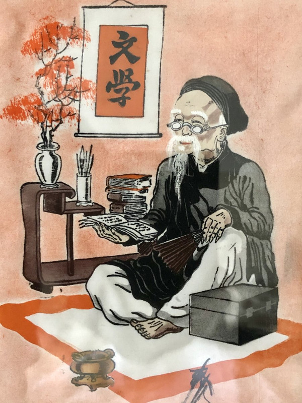 Vietnam, First Half 20th Century, Pair of Silk Paintings Depicting a Scholar.