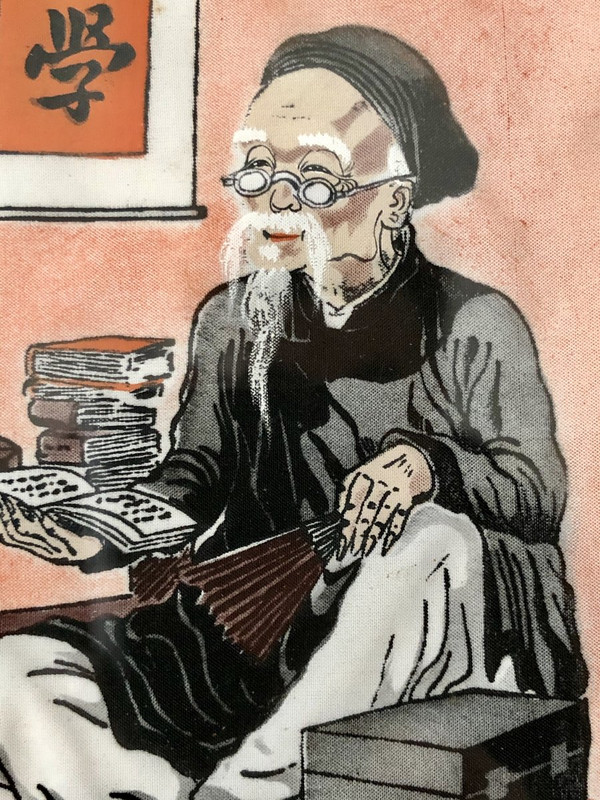 Vietnam, First Half 20th Century, Pair of Silk Paintings Depicting a Scholar.